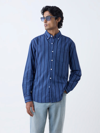 WES Casuals Navy Striped Relaxed-Fit Cotton Shirt