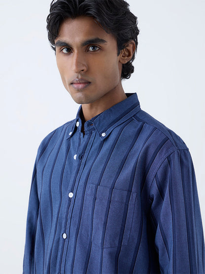 WES Casuals Navy Striped Relaxed-Fit Cotton Shirt