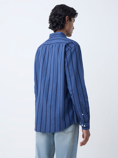 WES Casuals Navy Striped Relaxed-Fit Cotton Shirt