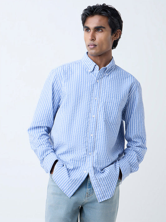 WES Casuals Blue Seersucker Striped Relaxed-Fit Cotton Shirt