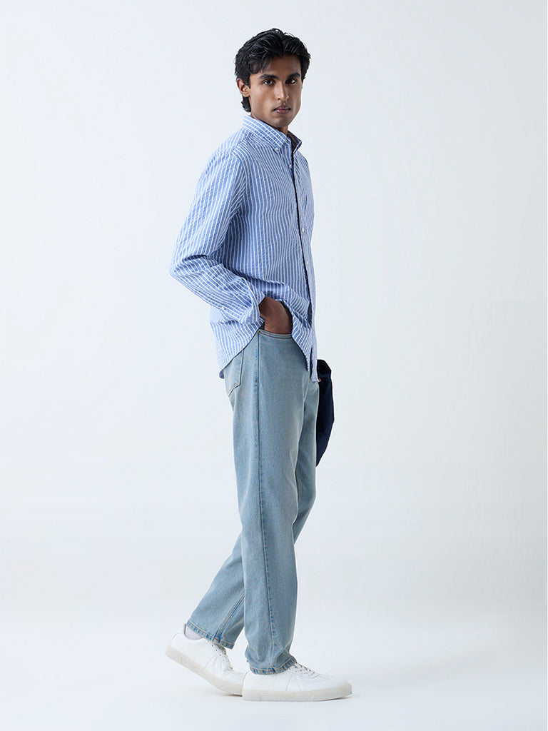 WES Casuals Blue Seersucker Striped Relaxed-Fit Cotton Shirt