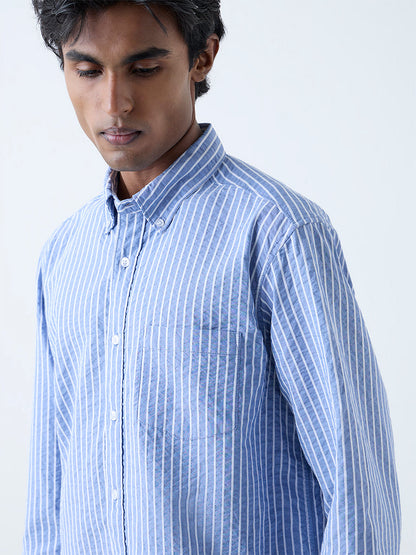 WES Casuals Blue Seersucker Striped Relaxed-Fit Cotton Shirt