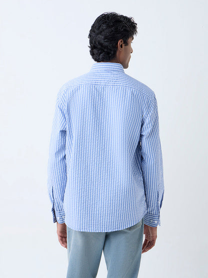WES Casuals Blue Seersucker Striped Relaxed-Fit Cotton Shirt