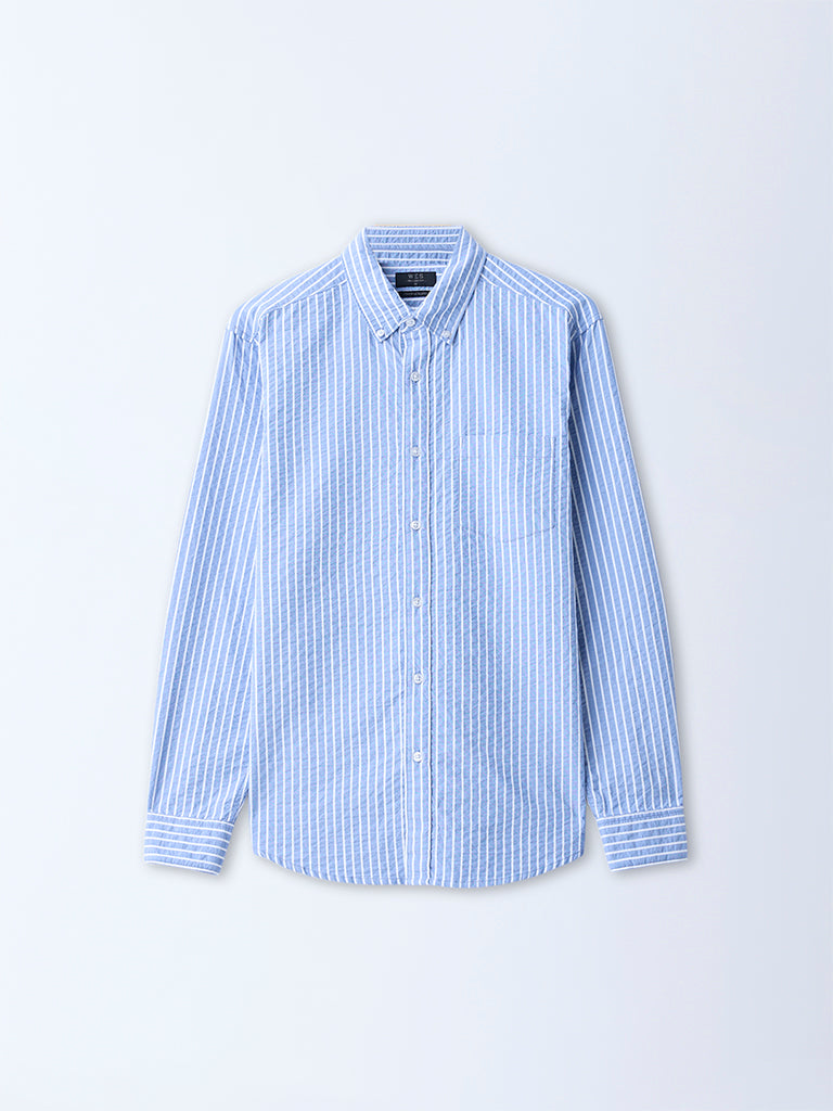 WES Casuals Blue Seersucker Striped Relaxed-Fit Cotton Shirt