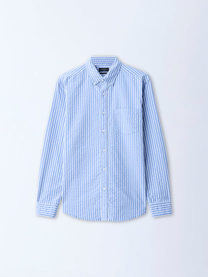 WES Casuals Blue Seersucker Striped Relaxed-Fit Cotton Shirt