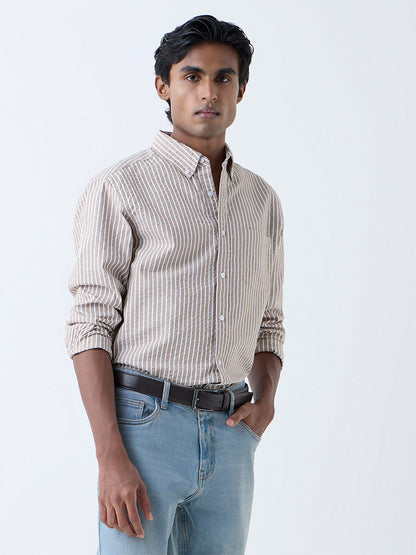 WES Casuals Taupe Seersucker Striped Relaxed-Fit Cotton Shirt