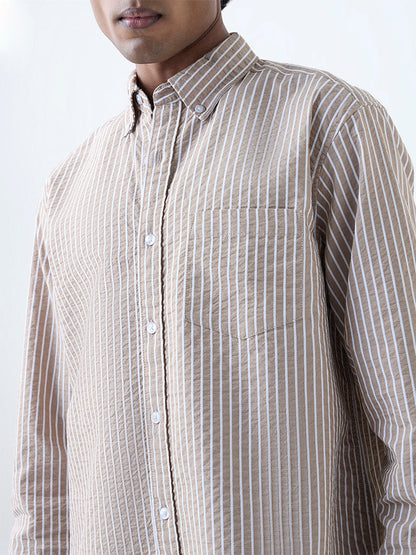 WES Casuals Taupe Seersucker Striped Relaxed-Fit Cotton Shirt