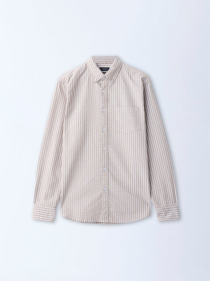 WES Casuals Taupe Seersucker Striped Relaxed-Fit Cotton Shirt