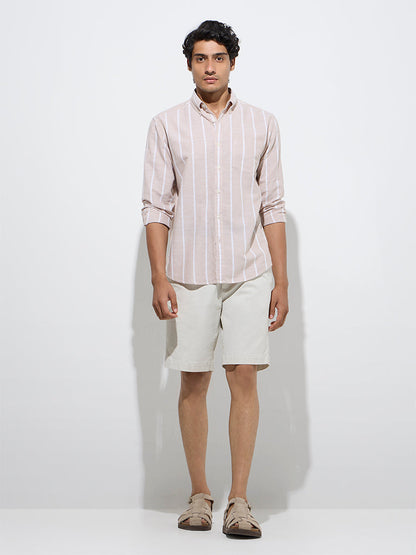 WES Casuals Beige Striped Relaxed-Fit Cotton-Blend Shirt