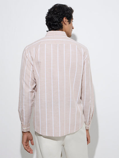 WES Casuals Beige Striped Relaxed-Fit Cotton-Blend Shirt