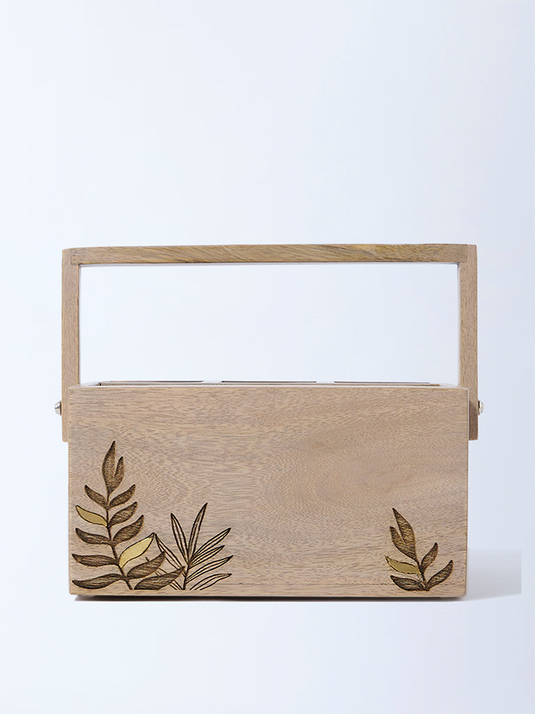 Westside Home Beige Leaf Etched Wooden Caddy