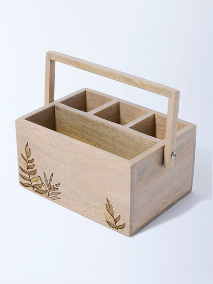 Westside Home Beige Leaf Etched Wooden Caddy