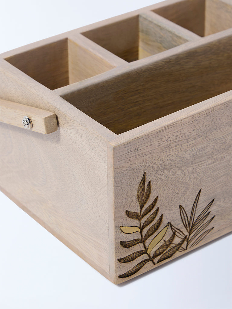 Westside Home Beige Leaf Etched Wooden Caddy