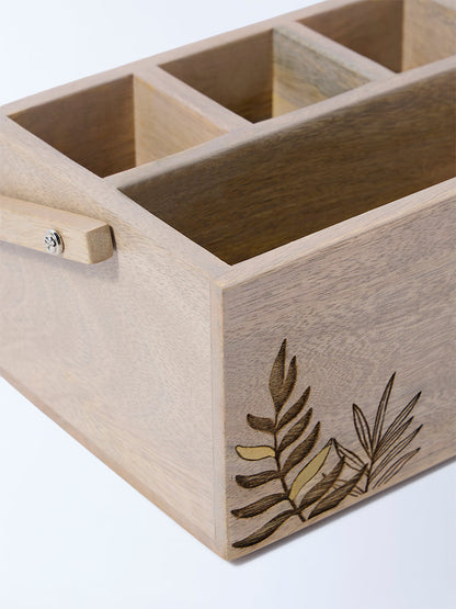 Westside Home Beige Leaf Etched Wooden Caddy