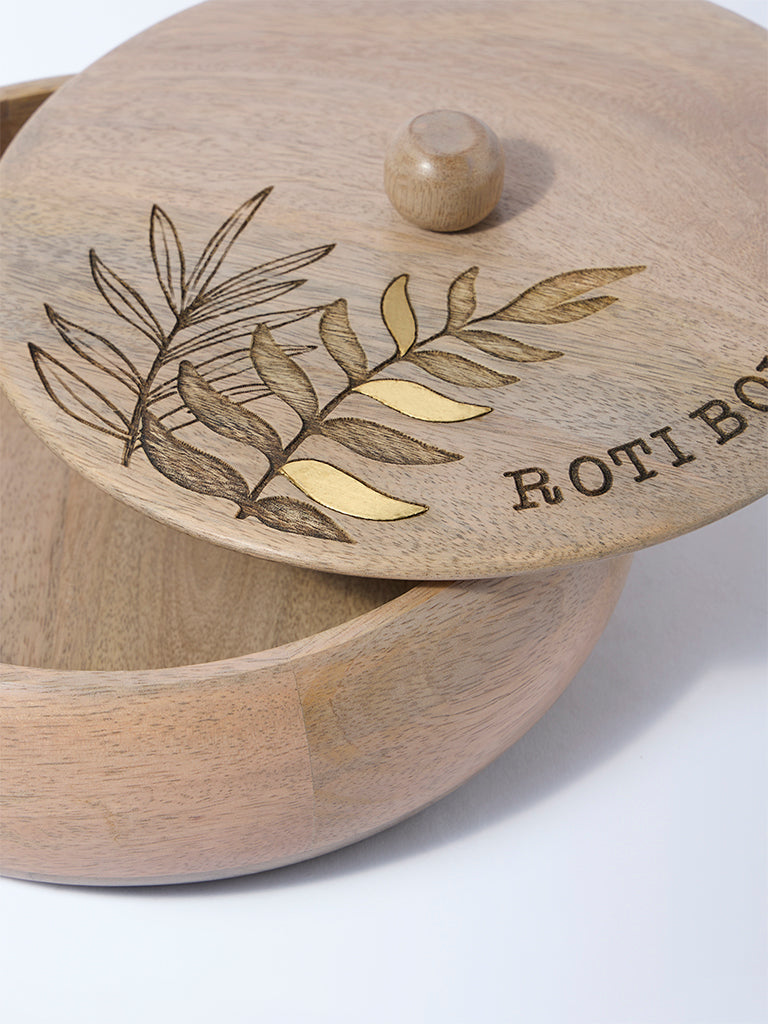 Westside Home Beige Leaf Etched Wooden Roti Box