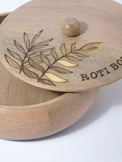 Westside Home Beige Leaf Etched Wooden Roti Box