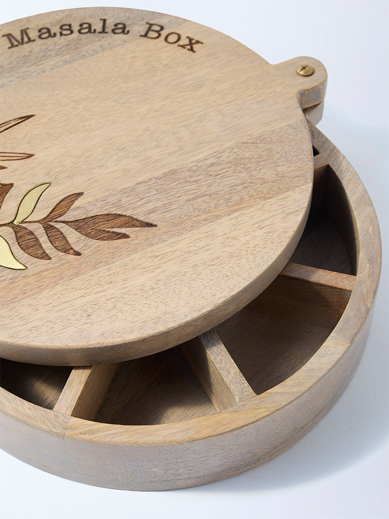 Westside Home Beige Leaf Etched Wooden Spice Box