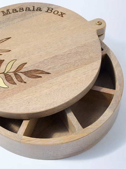 Westside Home Beige Leaf Etched Wooden Spice Box