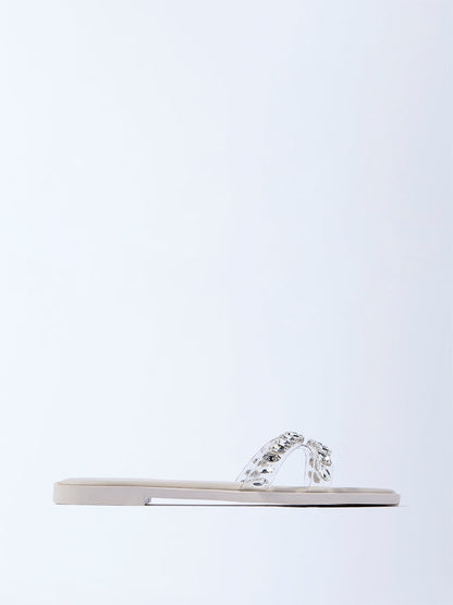LUNA BLU Ivory Rhinestone Embellished Slides