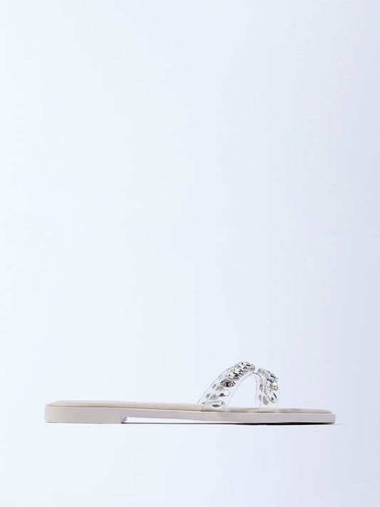 LUNA BLU Ivory Rhinestone Embellished Slides