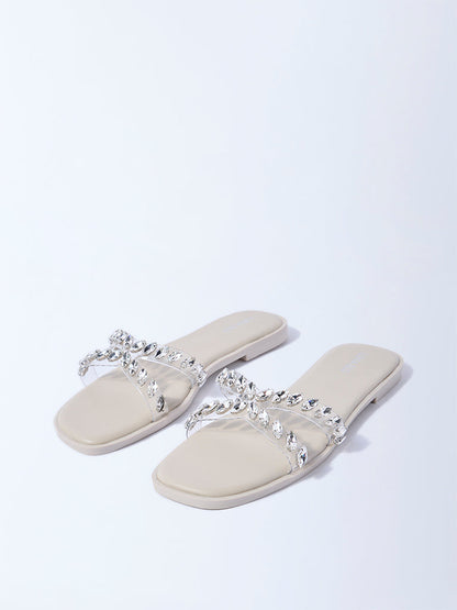 LUNA BLU Ivory Rhinestone Embellished Slides