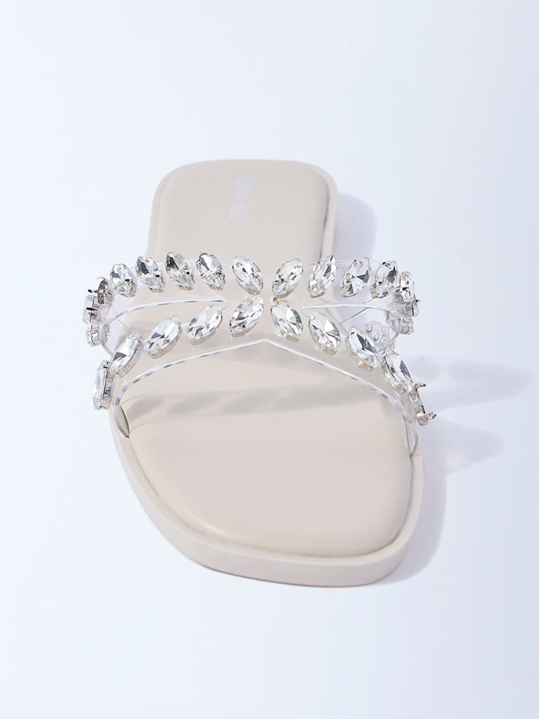 LUNA BLU Ivory Rhinestone Embellished Slides