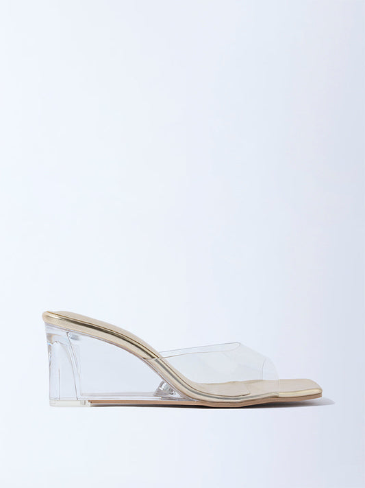 LUNA BLU Gold Vinyl Strap Wedge Heel Sandals
