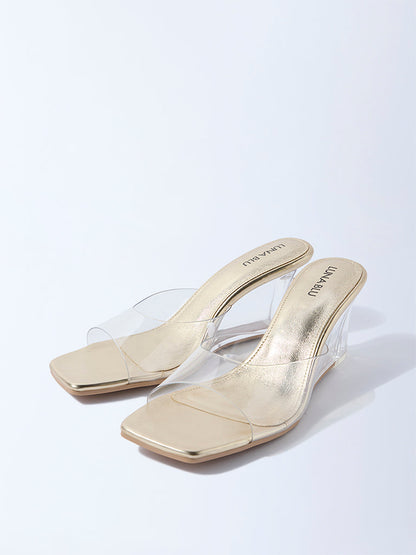 LUNA BLU Gold Vinyl Strap Wedge Heel Sandals