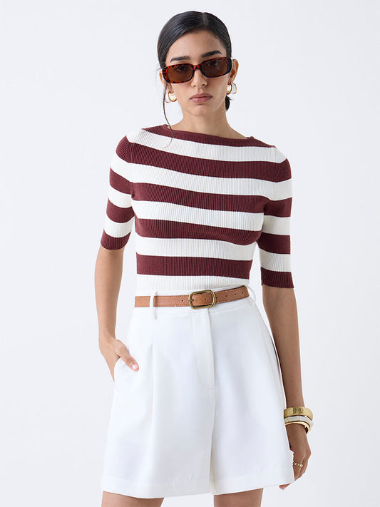 Wardrobe Brown Striped Ribbed T-Shirt