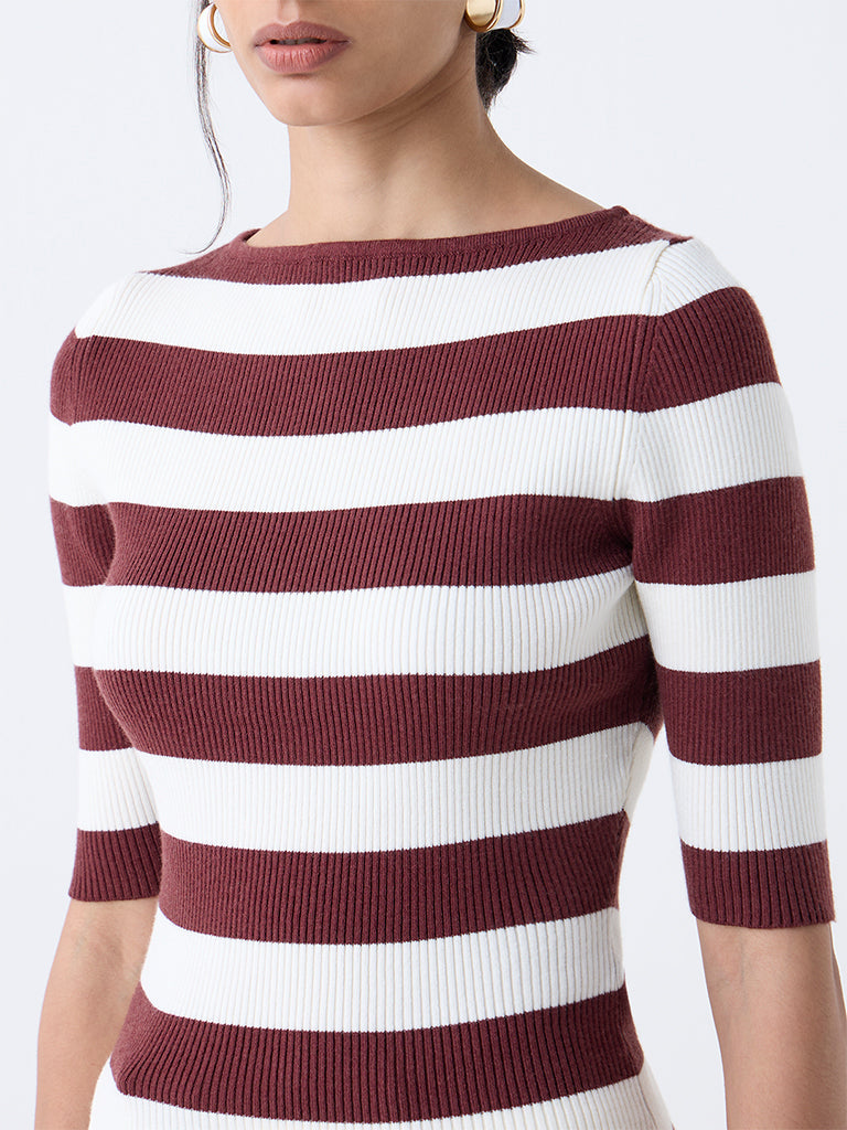 Wardrobe Brown Striped Ribbed T-Shirt