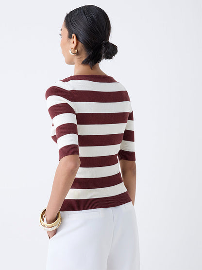 Wardrobe Brown Striped Ribbed T-Shirt