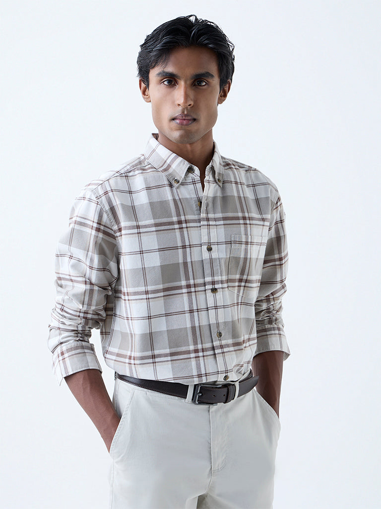 WES Casuals Beige Checkered Relaxed-Fit Cotton Shirt