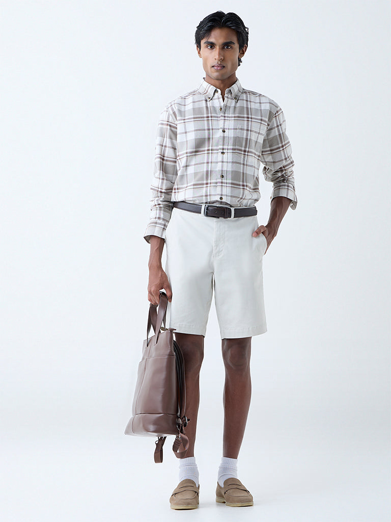 WES Casuals Beige Checkered Relaxed-Fit Cotton Shirt