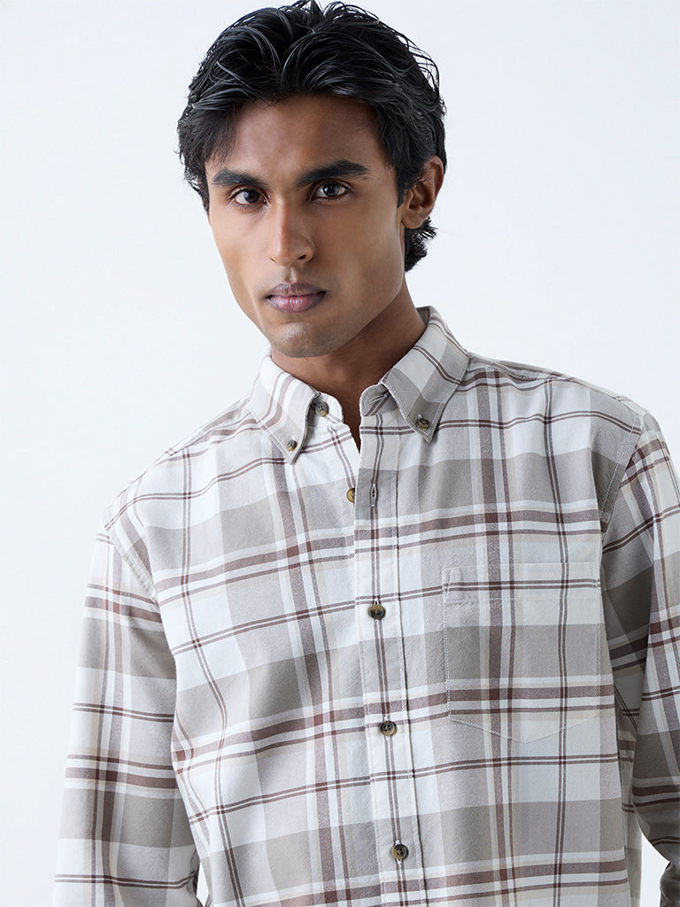 WES Casuals Beige Checkered Relaxed-Fit Cotton Shirt