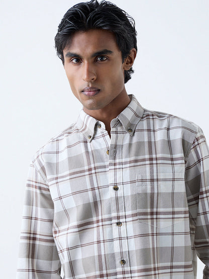 WES Casuals Beige Checkered Relaxed-Fit Cotton Shirt