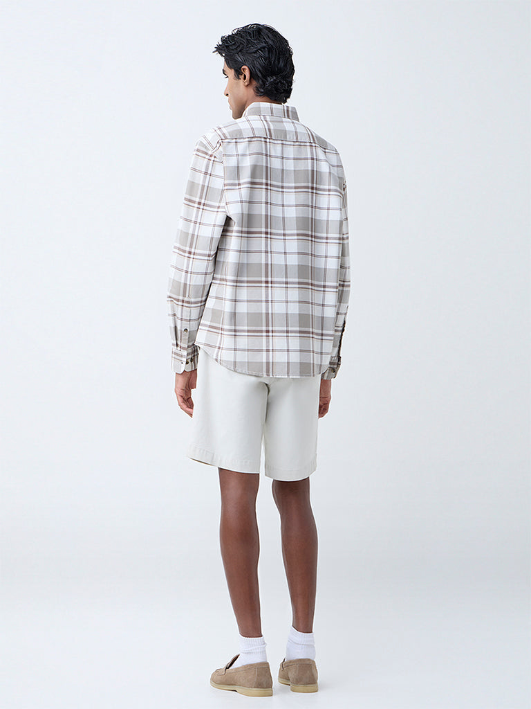 WES Casuals Beige Checkered Relaxed-Fit Cotton Shirt