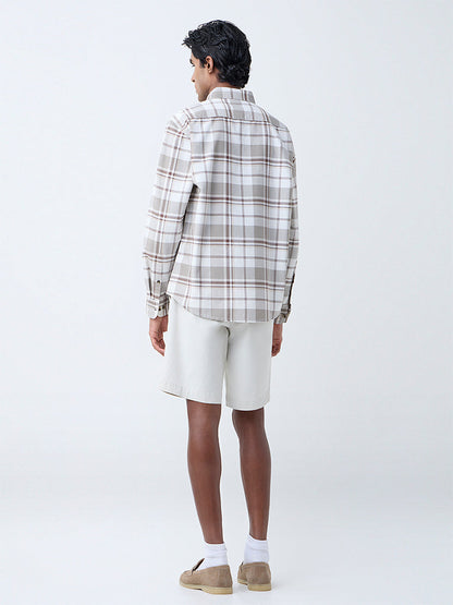 WES Casuals Beige Checkered Relaxed-Fit Cotton Shirt