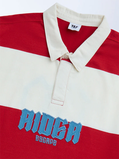 Y&F Kids Red Colour-Blocked Cotton Polo T-Shirt