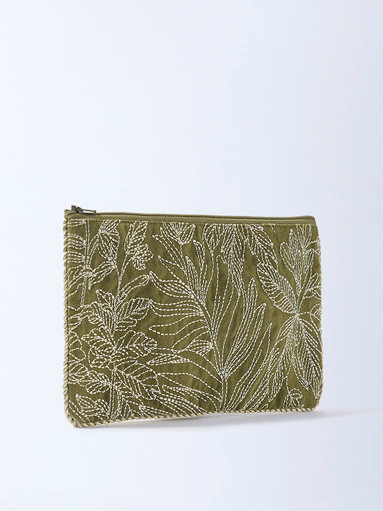 Westside Home Sage Zari Leaf Embroidered Pouch