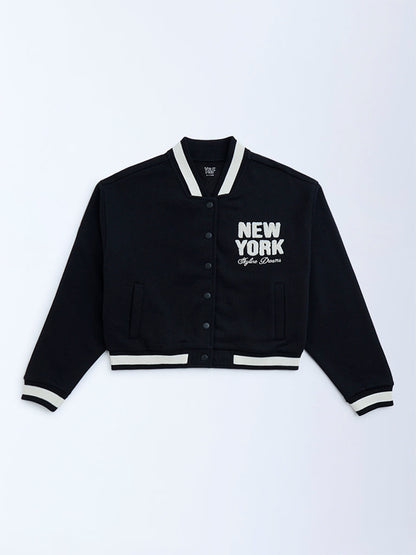 Y&F Kids Black Text Detailed Cotton-Blend Jacket