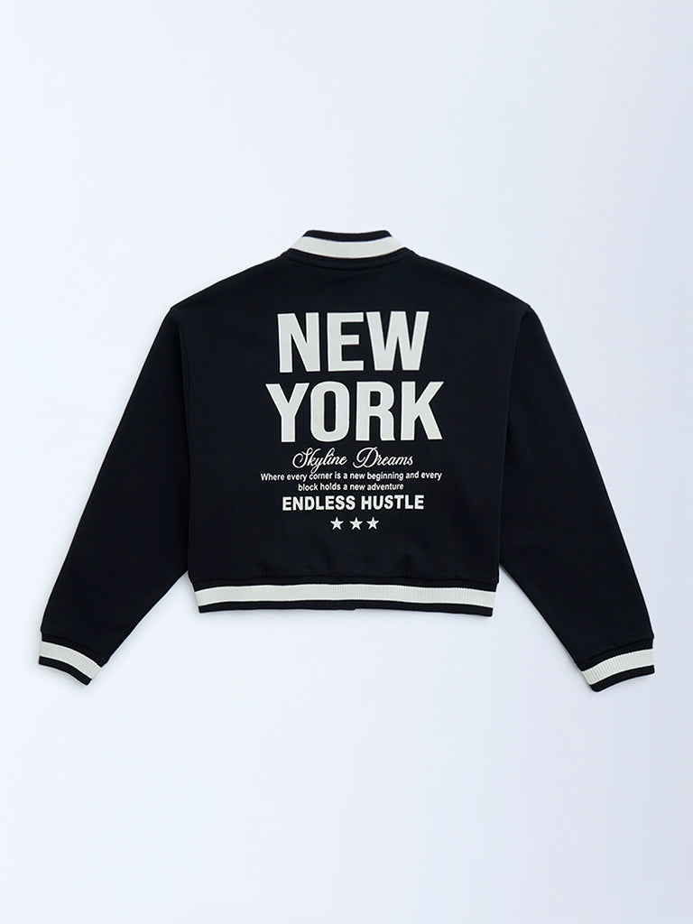 Y&F Kids Black Text Detailed Cotton-Blend Jacket