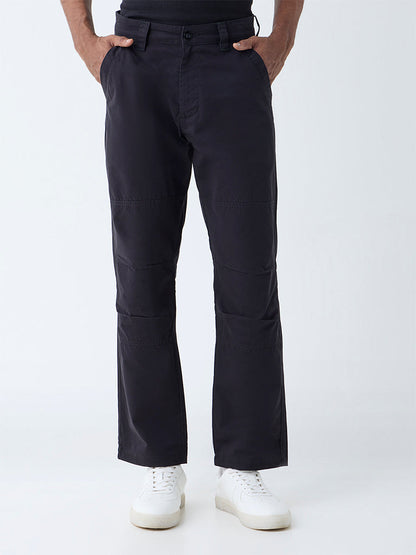 WES Casuals Black Solid Relaxed-Fit Mid-Rise Cotton-Blend Trousers