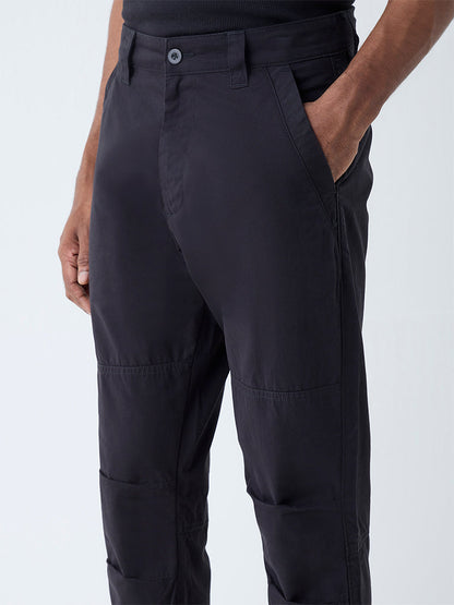 WES Casuals Black Solid Relaxed-Fit Mid-Rise Cotton-Blend Trousers
