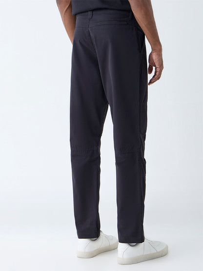 WES Casuals Black Solid Relaxed-Fit Mid-Rise Cotton-Blend Trousers