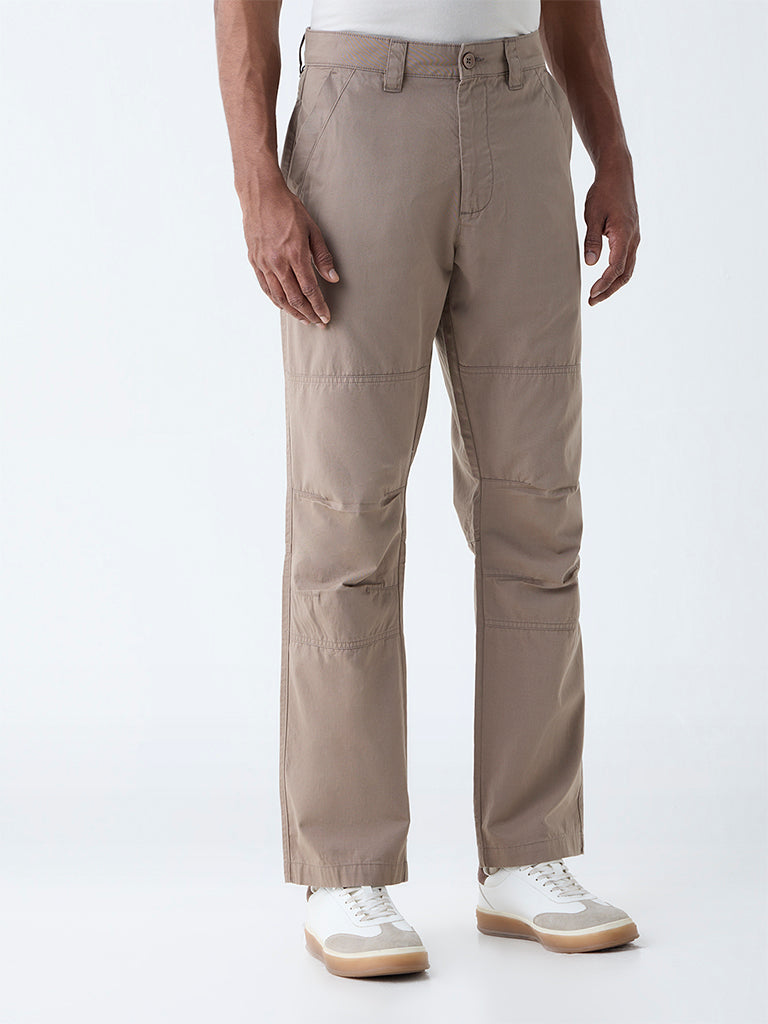 WES Casuals Taupe Solid Relaxed-Fit Mid-Rise Cotton-Blend Trousers