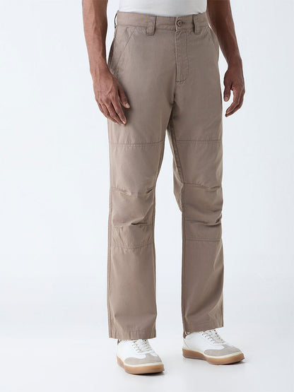 WES Casuals Taupe Solid Relaxed-Fit Mid-Rise Cotton-Blend Trousers