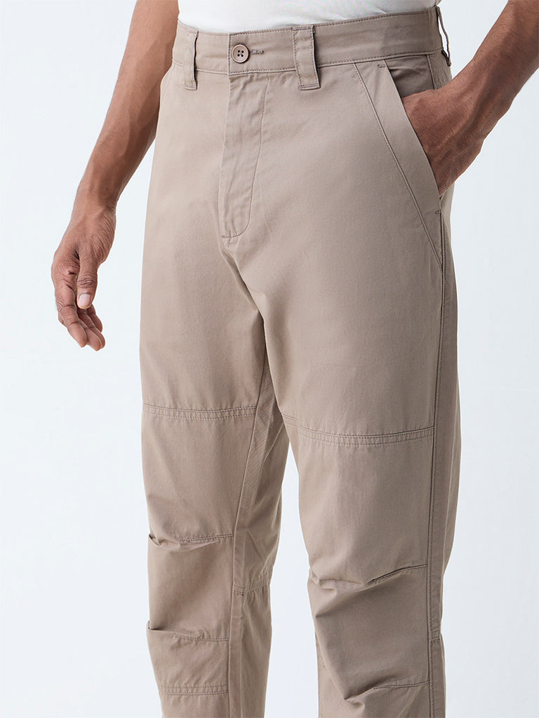 WES Casuals Taupe Solid Relaxed-Fit Mid-Rise Cotton-Blend Trousers