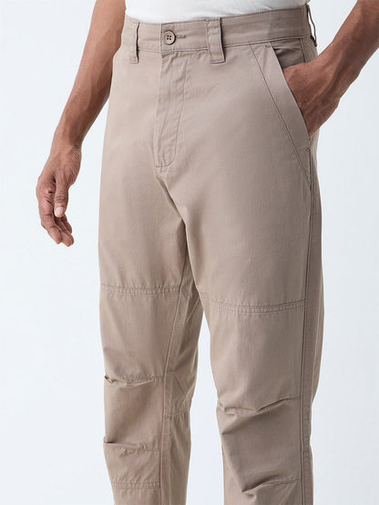 WES Casuals Taupe Solid Relaxed-Fit Mid-Rise Cotton-Blend Trousers
