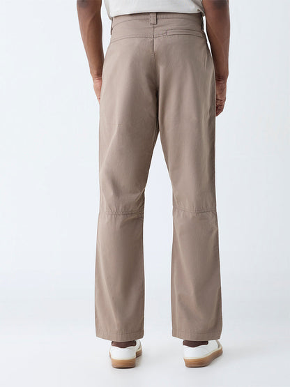 WES Casuals Taupe Solid Relaxed-Fit Mid-Rise Cotton-Blend Trousers