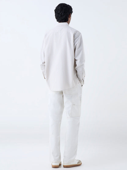 WES Casuals Beige Striped Relaxed-Fit Cotton Shirt